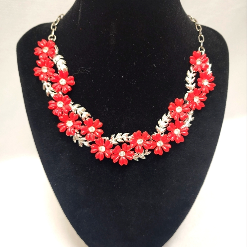 Vintage Celluloid Red Floral and Rhinestone Necklace